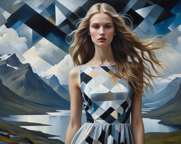Elegant Young Woman in Surreal Geometric Landscape