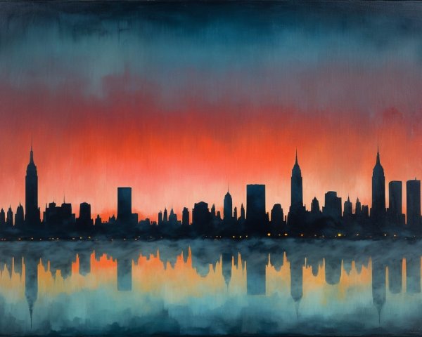 Impressionistic Oil Painting of NYC Skyline at Sunset