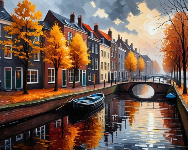 Autumn Canal Scene with Historic Buildings and Trees