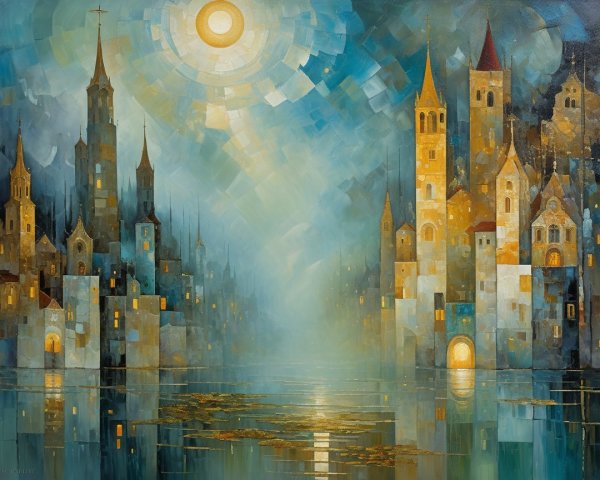 Surreal Cityscape with Ornate Towers and Reflections