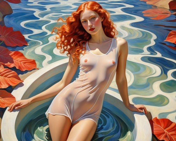 Young Woman in Shallow Pool with Autumn Leaves