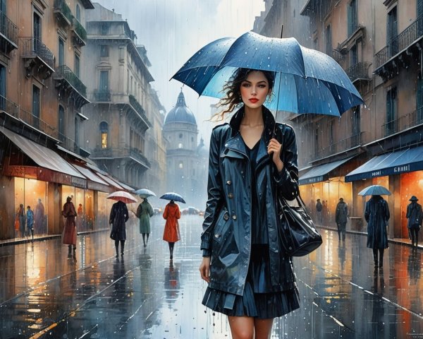 Urban Rain Scene with Stylish Figure and Reflections