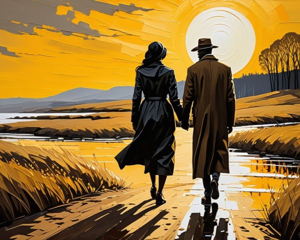 Couple Walking Hand in Hand at Sunset Landscape