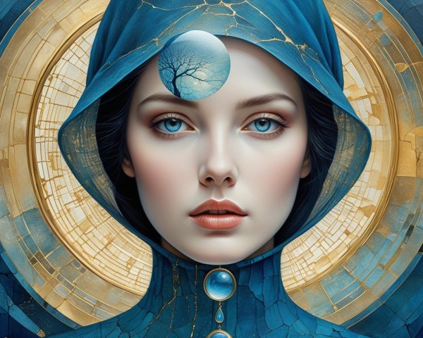 Portrait of a woman in a blue hood with moon motif