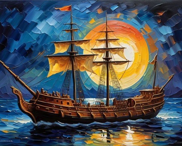 Tall Ship Sailing at Sunset Over Vibrant Waters