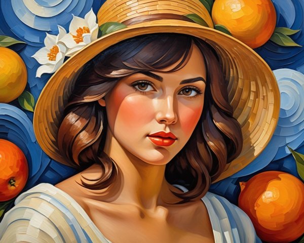 Young woman with straw hat against vibrant backdrop