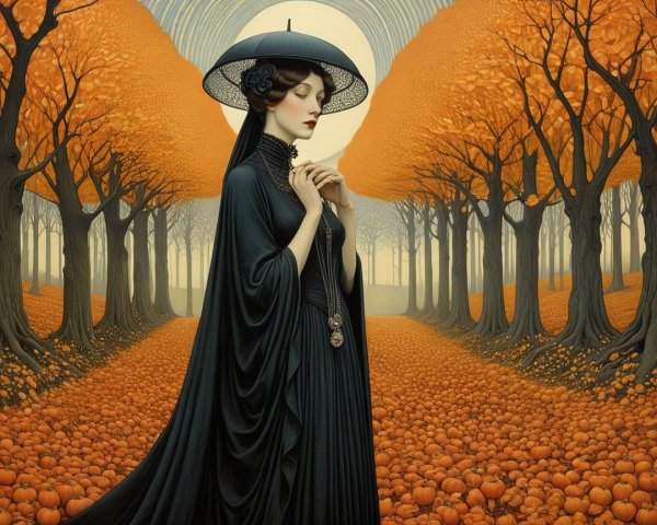 Serene figure in black gown in autumn landscape