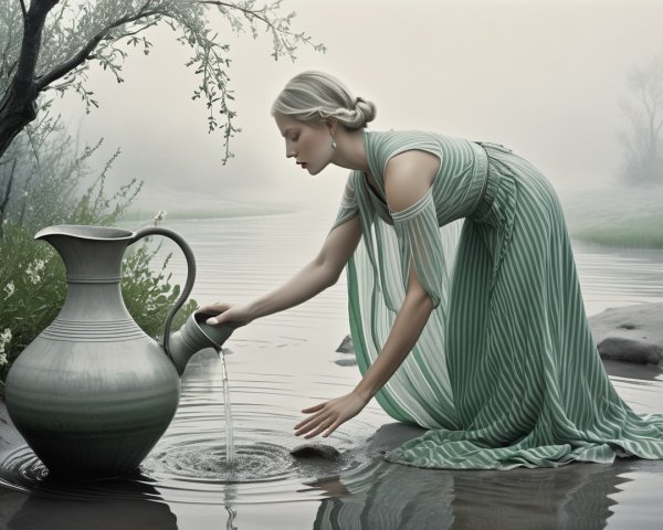 Mist-covered landscape with woman by tranquil river