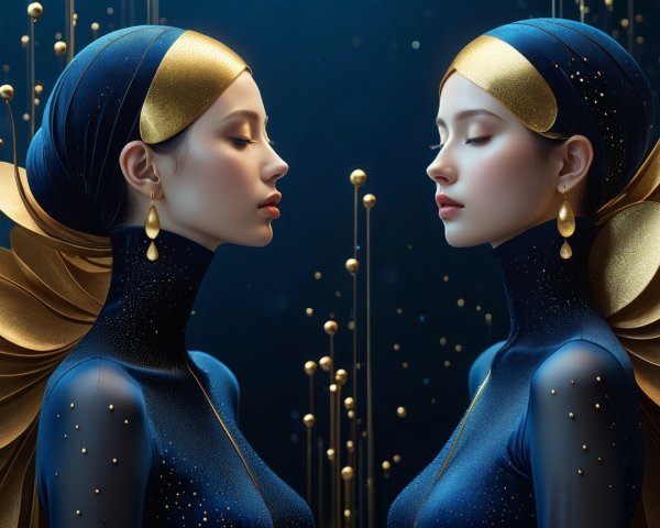 Elegant figures in deep blue outfits with golden accents