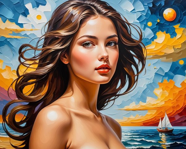 Young woman by ocean at sunset with sailboat