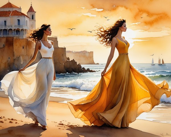 Elegant Women in Flowing Dresses at Sunset Beach