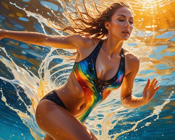 Woman in Rainbow Swimsuit Splashing in Ocean Water