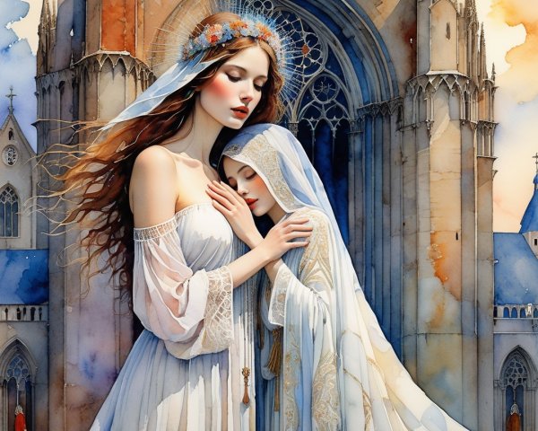 Women in Ethereal Scene Before Gothic Cathedral