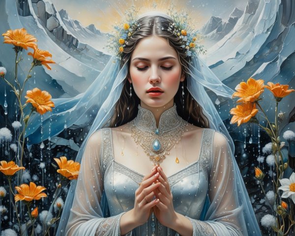 Serene Woman in Elegant Attire with Mountain Backdrop