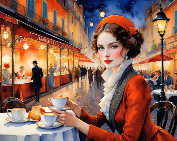 Charming Evening Café Scene with Elegant Woman