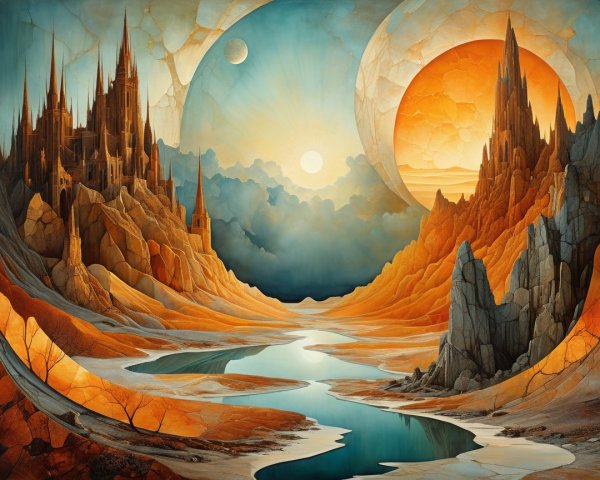 Surreal Landscape with Mountains and Ethereal Castles