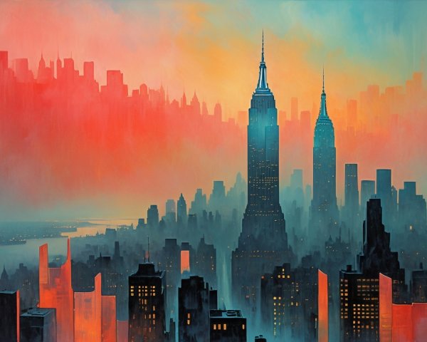 Fictional New York City Skyline at Sunset with Haze