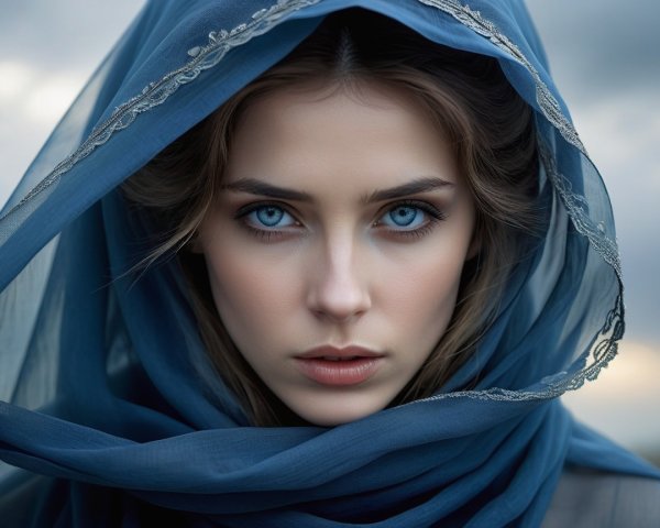Portrait of a Young Woman with Blue Eyes and Scarf