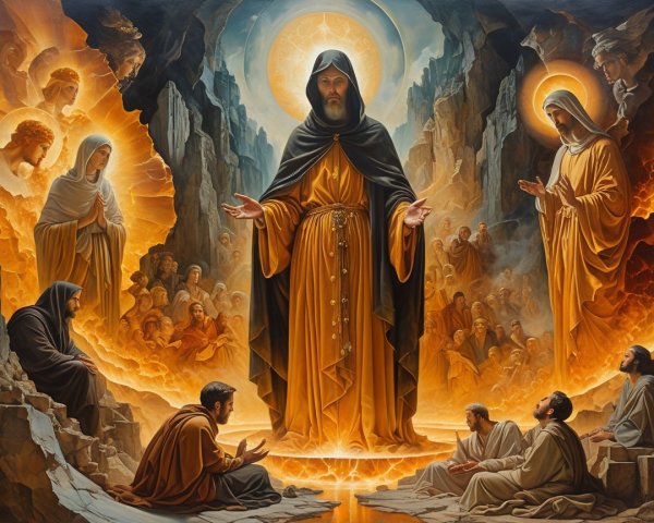 Cloaked Figure Surrounded by Ethereal Beings and Followers