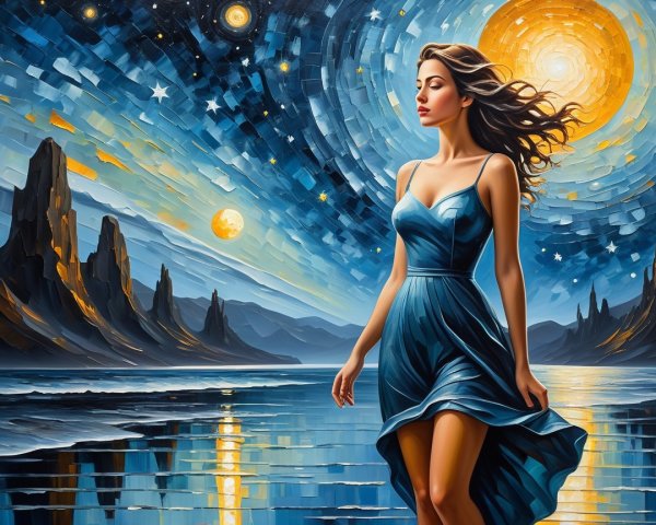 Woman in Blue Dress by Tranquil Water at Night