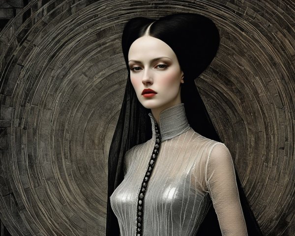Ethereal Figure in Silver Gown Against Textured Backdrop