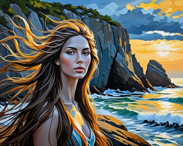 Portrait of a Young Woman at Sunset by the Coast