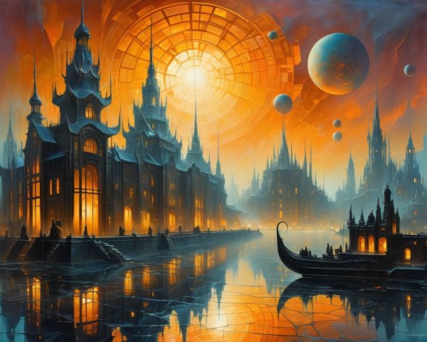 Futuristic Alien City with Gothic Castle at Sunset