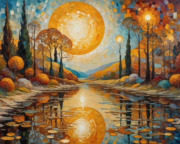 Vibrant Landscape Painting of Autumn River Scene