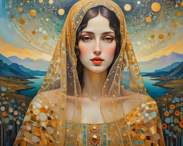 Young woman in golden veil against serene landscape