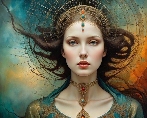 Portrait of a Young Woman with Vibrant Colors and Halo