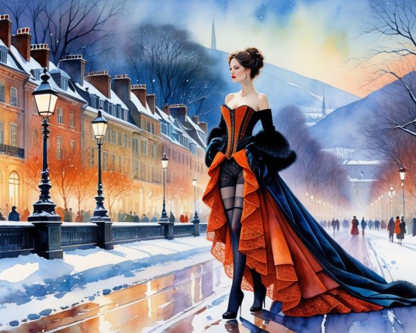 Elegant Woman in Snowy Street with Vibrant Gown