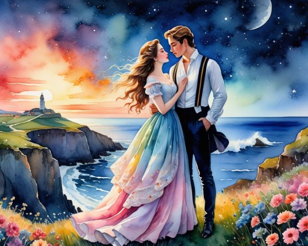 Couple Embracing on Cliff at Vibrant Sunset