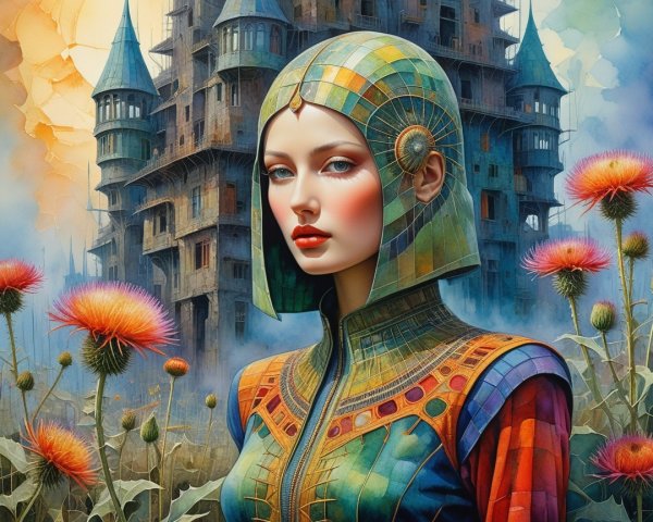 Woman in vibrant outfit before a mystical castle