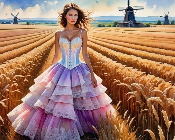 Elegant gown in wheat field with windmills backdrop