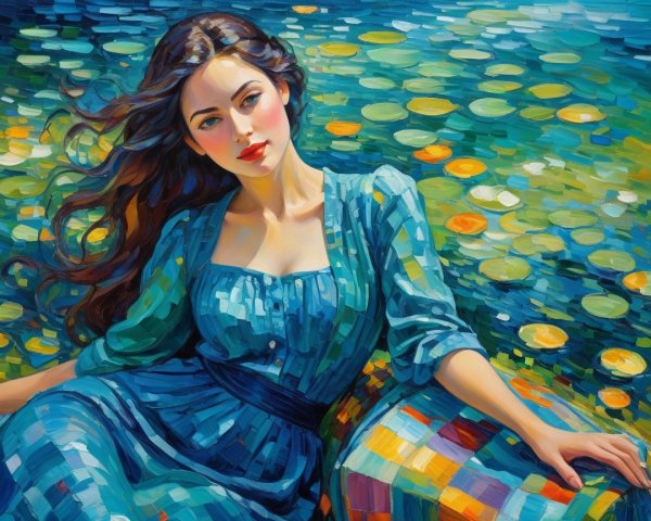 Young Woman in Blue Dress by Serene Water Scene