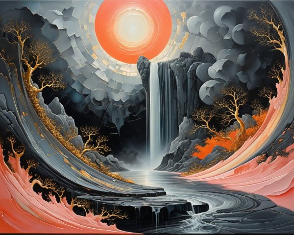 Radiant Sunset Over Waterfall and Serene River Landscape