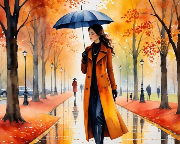 Woman in orange coat walks through autumn scenery