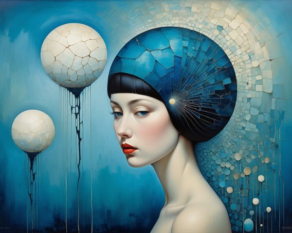 Female Figure with Blue Headdress and Cracked Orbs