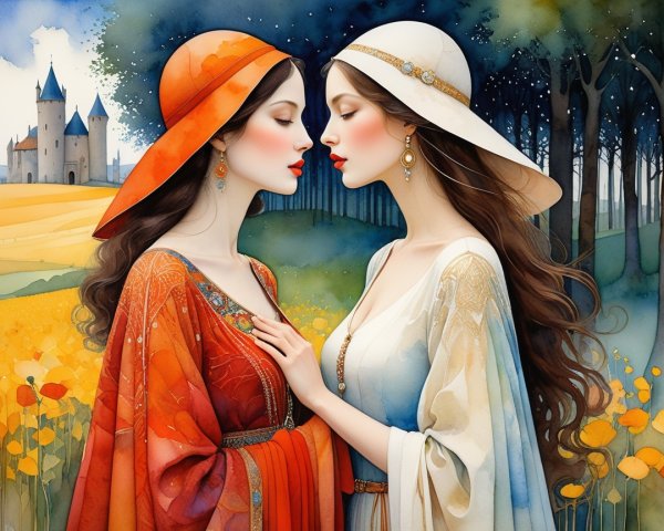 Elegant Women in Vibrant Garments Against Scenic Backdrop