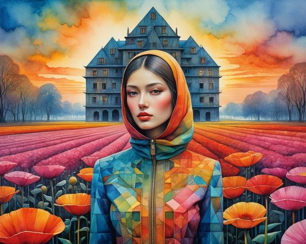 Young Woman in Colorful Mansion with Poppy Fields