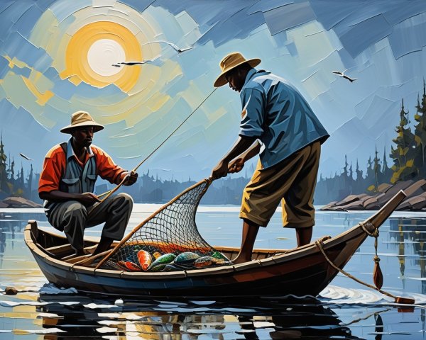 Fishermen in a boat pulling a net of colorful fish