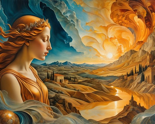Ethereal Woman at Sunset Over Mountains and River