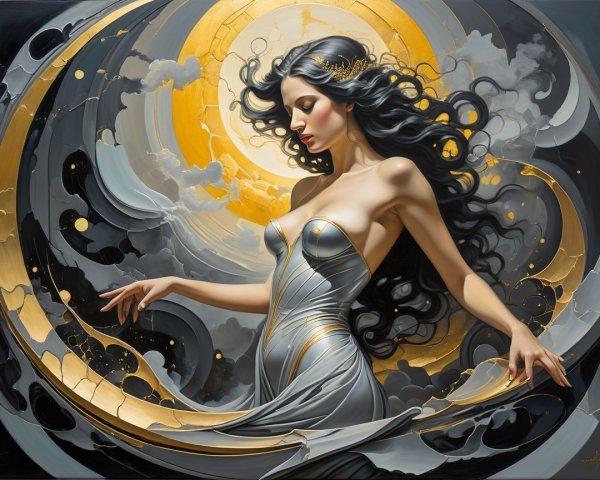 Ethereal Woman in Silver Gown Against Golden Backdrop