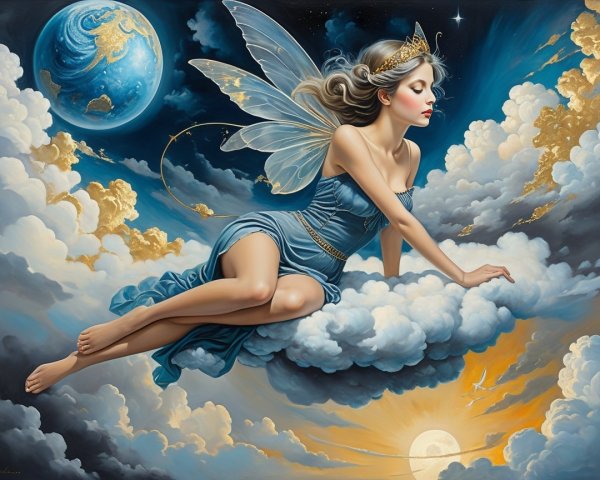 Serene fairy on cloud with sunset and planets