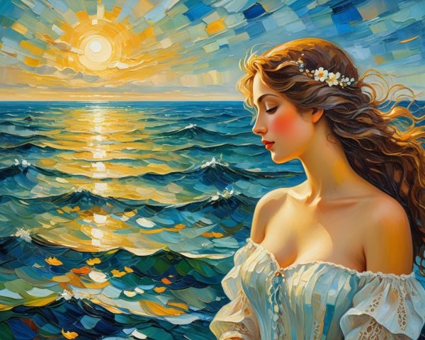 Serene Woman by Sunlit Ocean at Water's Edge