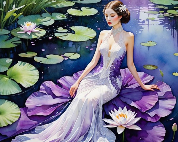 Elegant Woman on Purple Lily Pad in Tranquil Pond