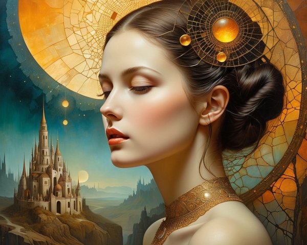 Profile of a Serene Woman with Mystical Castle Background