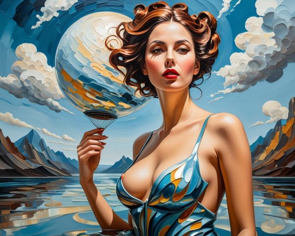 Glamorous Woman with Shimmering Globe in Surreal Landscape