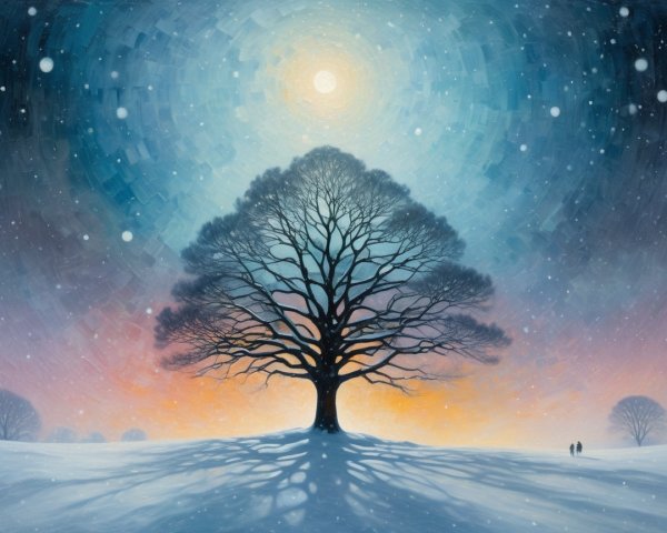 Leafless Tree in Snowy Landscape Under Radiant Sky