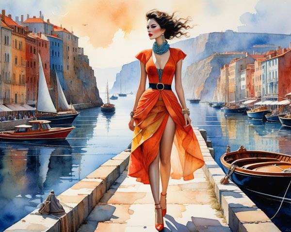 Woman in Orange Dress by Picturesque Waterfront